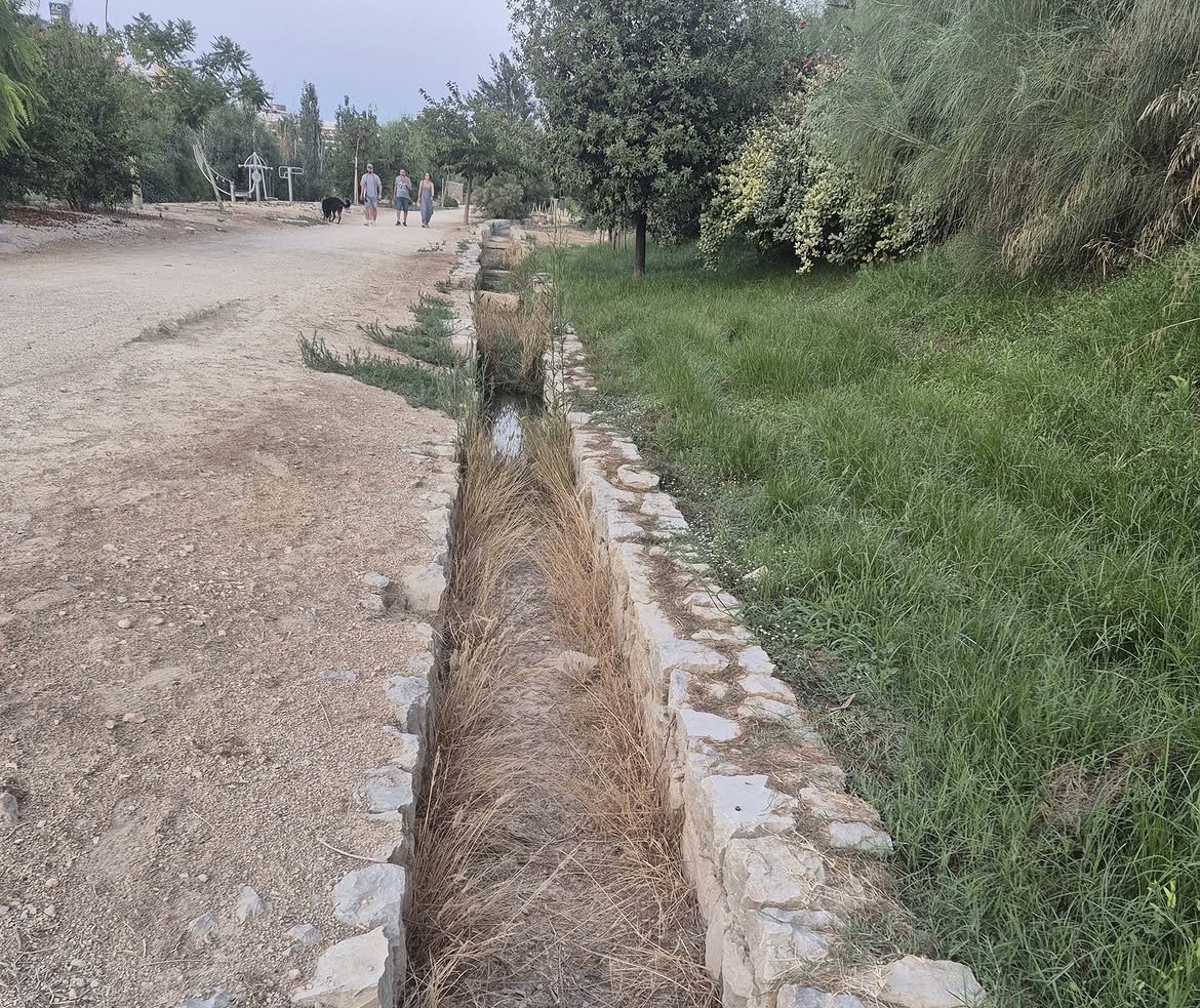 Acequia seca entre un sendero y la vegetación del Parque del Mar